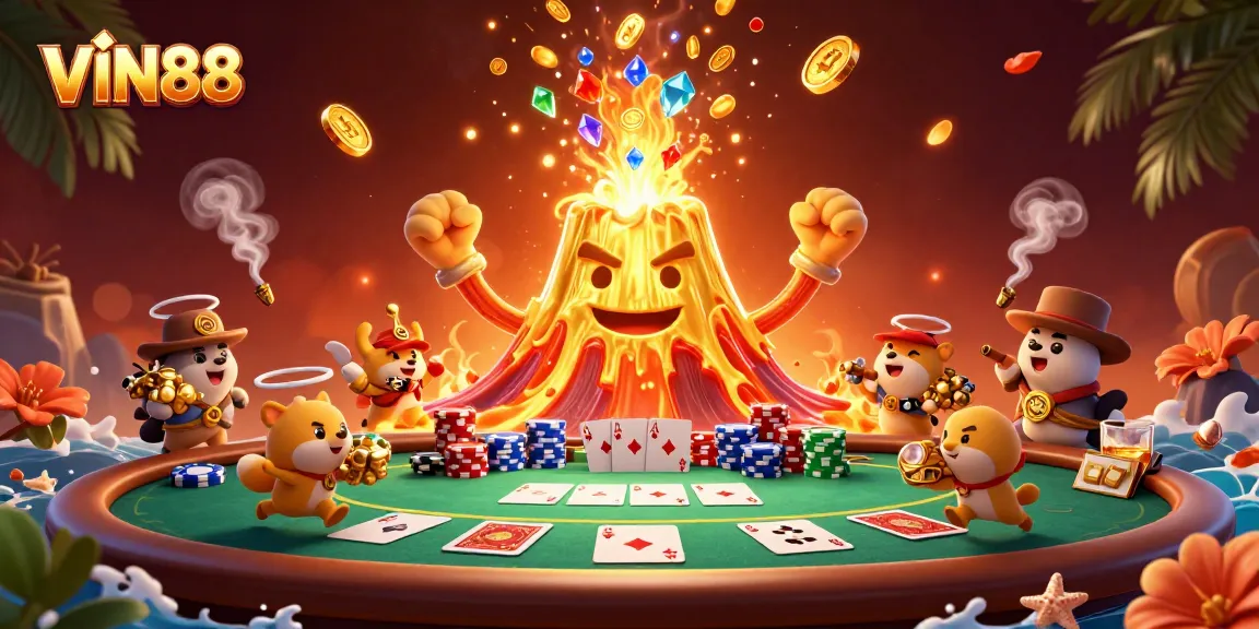 Experience the thrilling eruption of riches with VIN88, showcasing treasure-filled adventures in a dynamic casino scene.