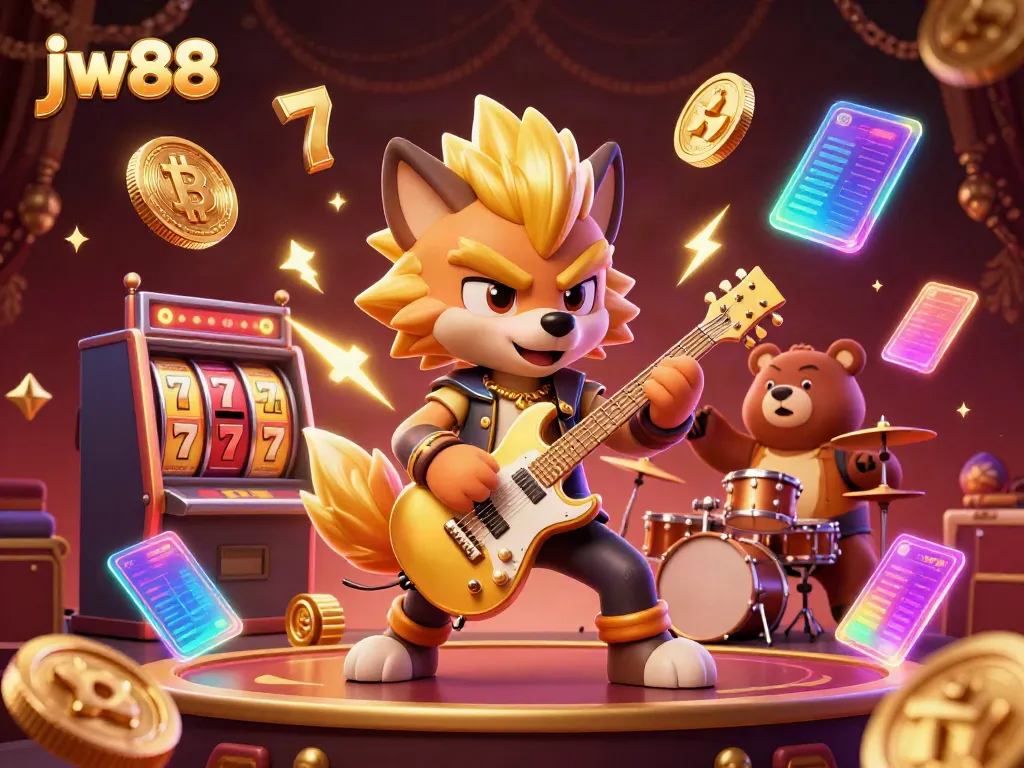 Experience high-energy fun at jw88, featuring a 3D rock star wolf and drummer bear in a dynamic casino scene.