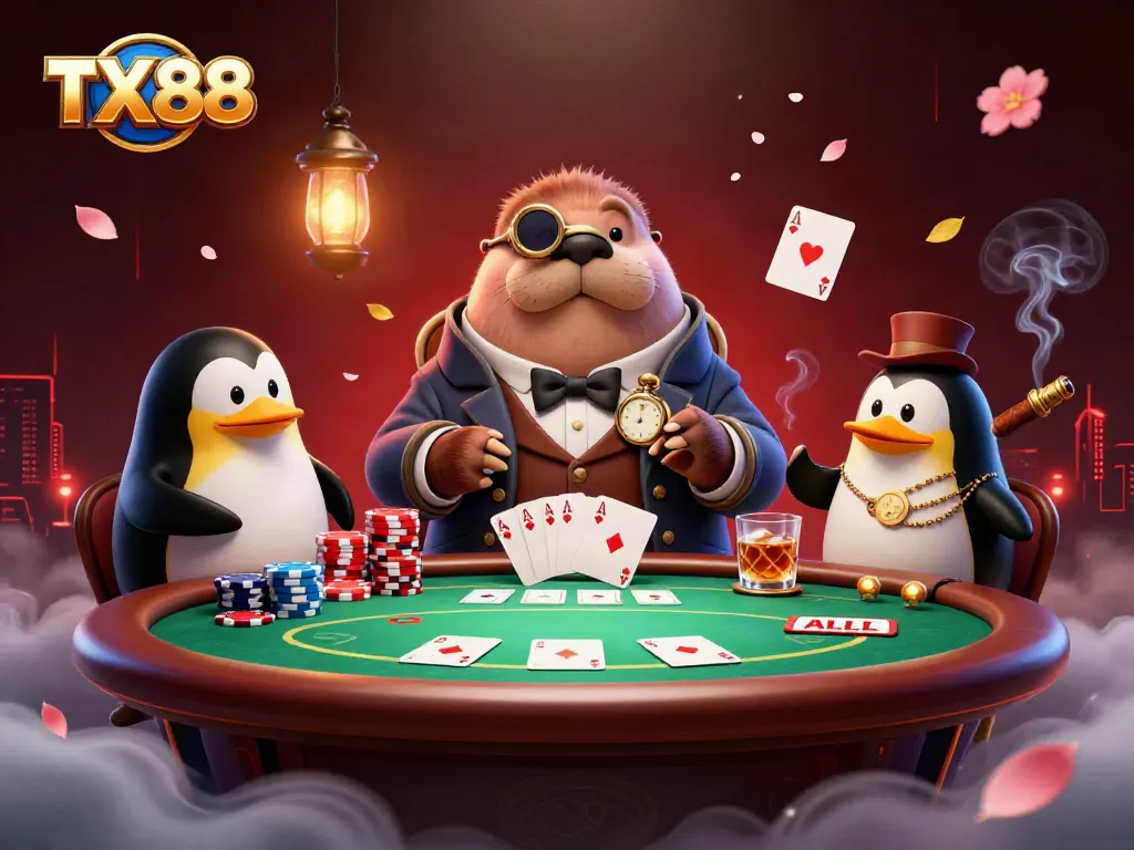 Engage in thrilling underwater poker at TX88 with a jolly walrus and clever dealer.