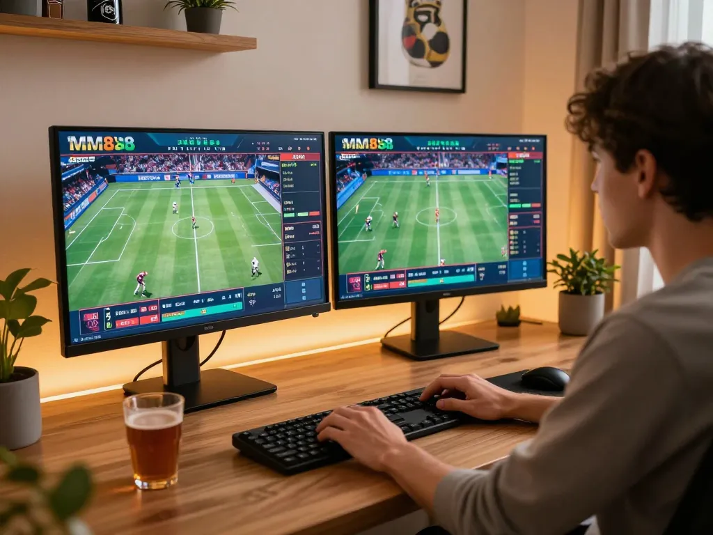 Player engaging in live sports betting through MM88 at a modern home setup, focusing on real-time odds.