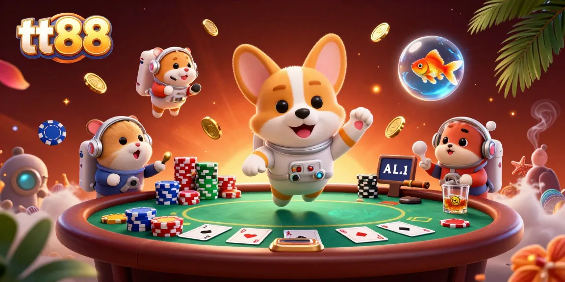 tt88 casino scene with a 3D cartoon corgi, floating poker chips, and vibrant elements