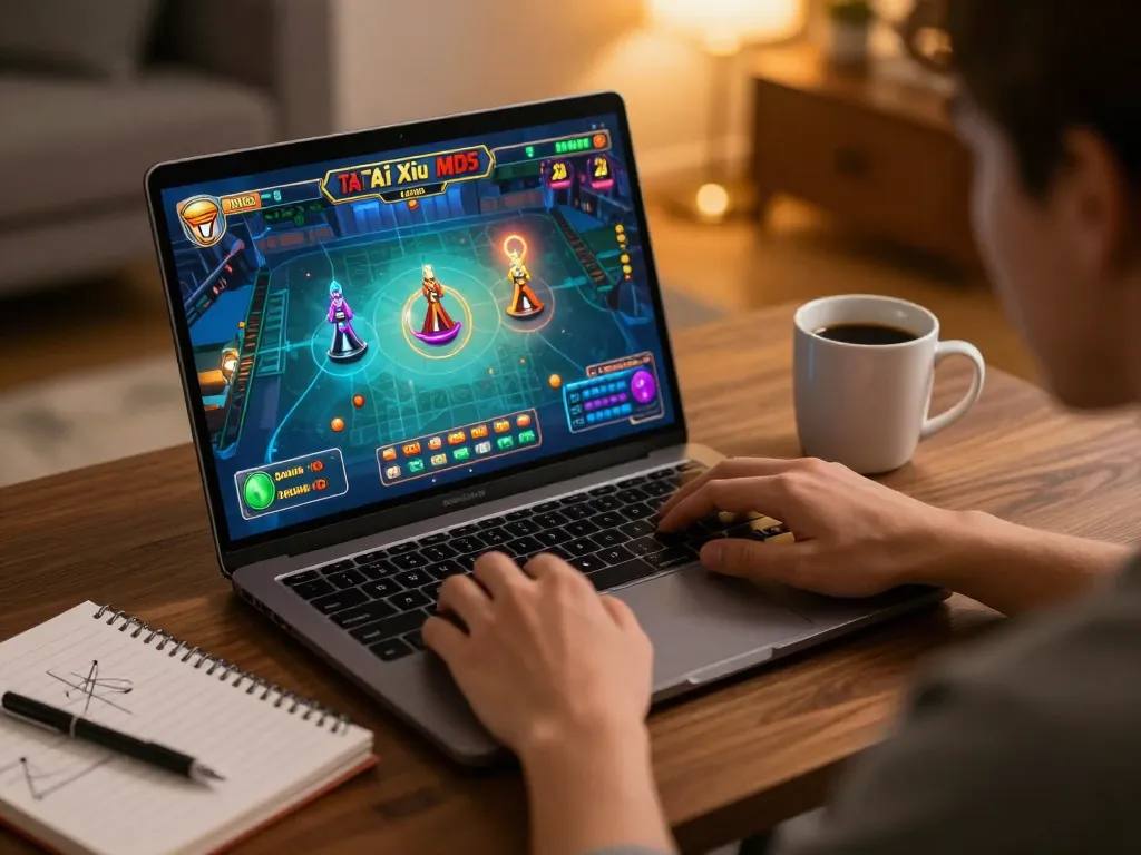 Tài Xỉu MD5 gameplay on a laptop, showcasing engaging online casino experience with vibrant graphics.