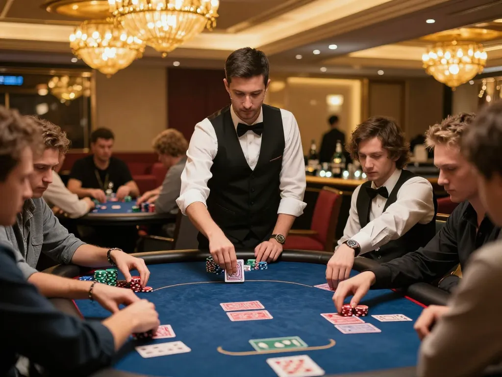 SOC88 players strategizing in an upscale poker game, showcasing concentration and excitement