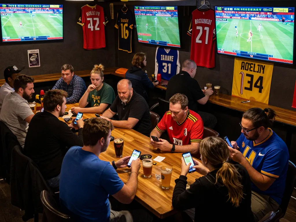 Engaged sports bettors using the nowgoal app while surrounded by live game screens