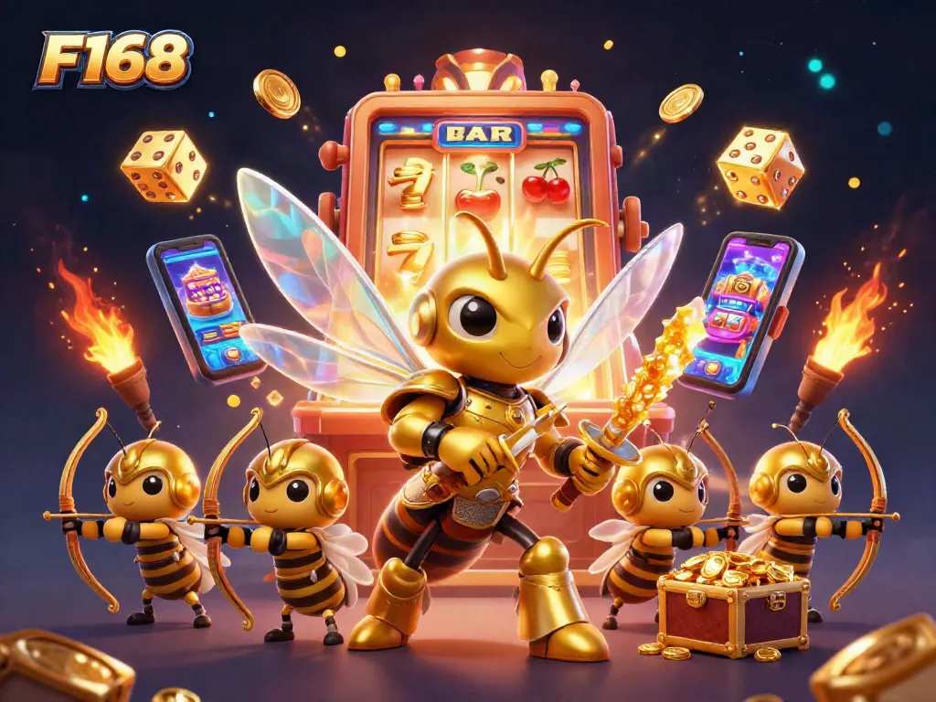 Play exciting games with F168 in this vibrant casino-themed illustration.