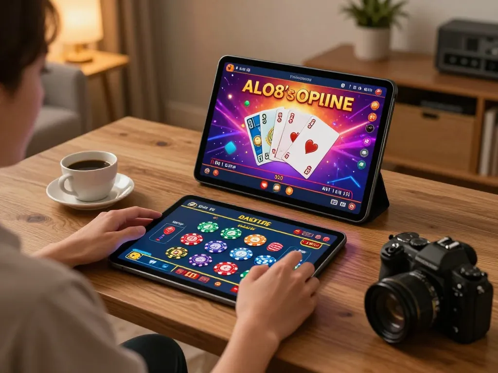 Player enjoying ALO8 online casino gaming on tablet with colorful interface and cozy ambiance.