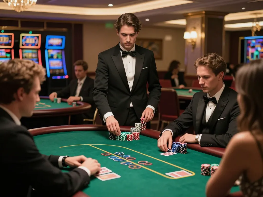 Players strategizing in an upscale poker game at ga6789, illuminated by soft lighting and stylish decor.