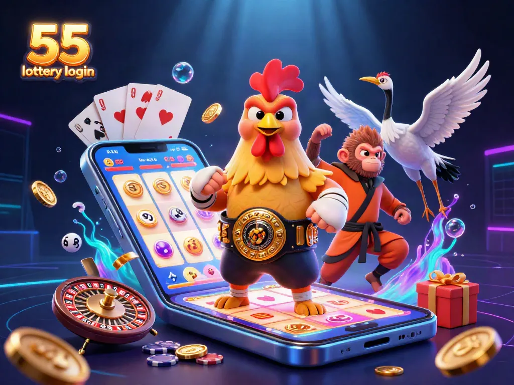 Engage with 55 lottery login as characters celebrate wins in a vibrant, colorful gambling scene.