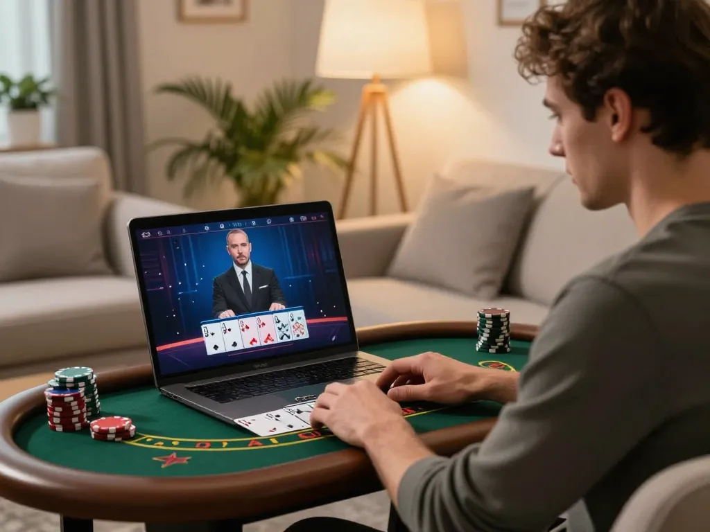 Player engaging in live dealer blackjack at 123b online casino from a cozy living room setting.