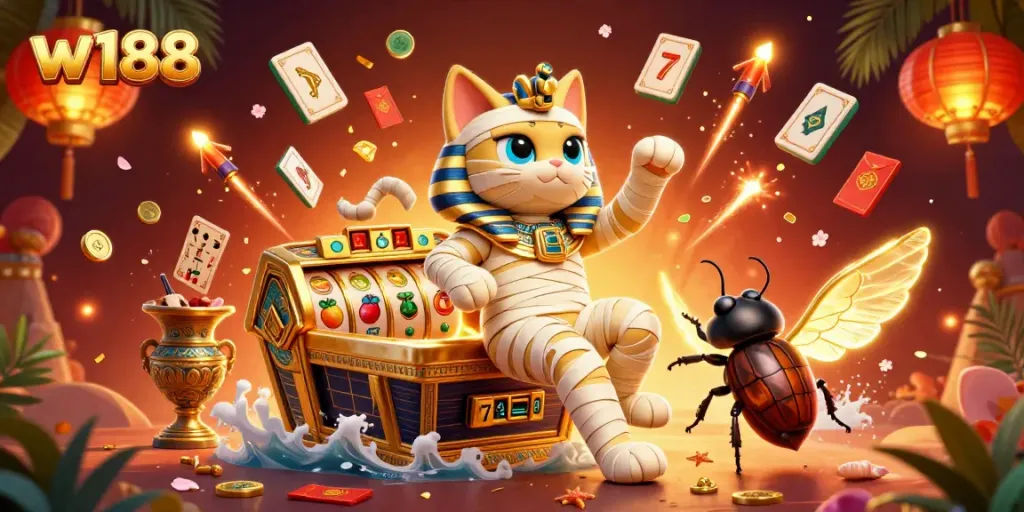 Experience thrilling gameplay at w188 with a vibrant, colorful scene featuring an Egyptian mummy cat and dynamic casino elements.