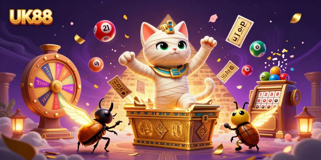 Experience the excitement of UK88 with the mummy cat and golden sarcophagus surrounded by lottery elements.