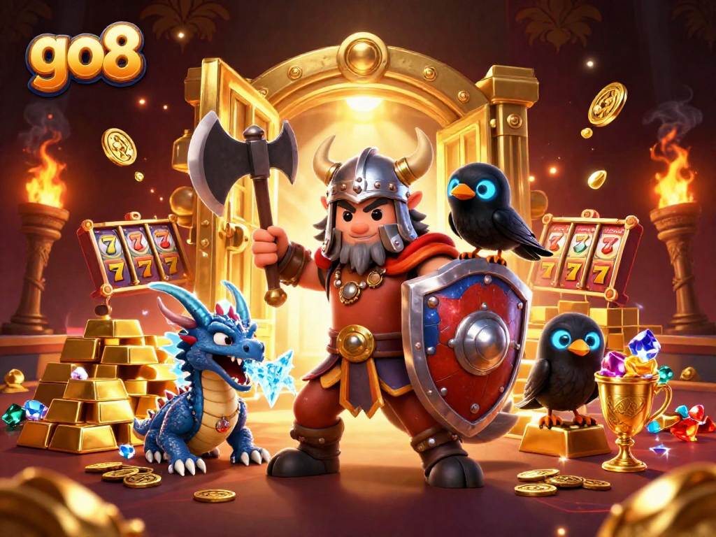 Experience thrilling games at go8 with Viking wolf, dragon, and glimmering treasures!