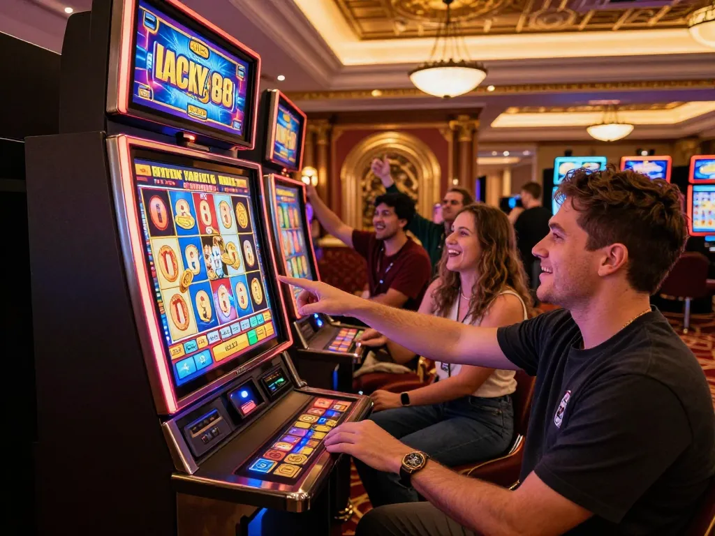 Experience thrilling gameplay at the Lucky 88 slot machine amidst luxurious casino surroundings.