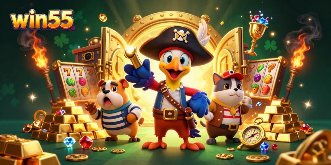 Experience thrilling slot games at win55 with a lively 3D casino scene filled with treasures and excitement.