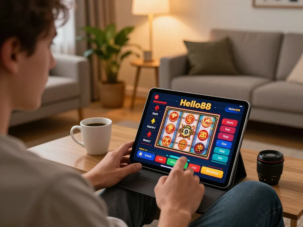 Hello88 user enjoying online casino game on tablet in cozy living room setup.