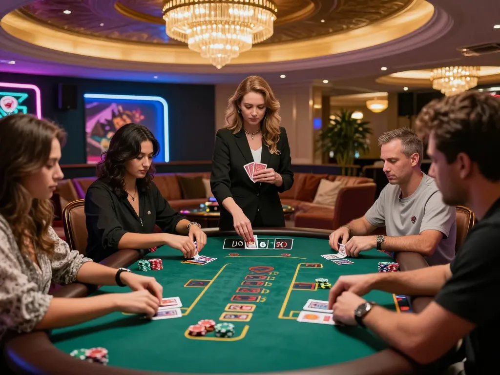 Engaging scene of S88 blackjack table with players and dealer showcasing intense gameplay.