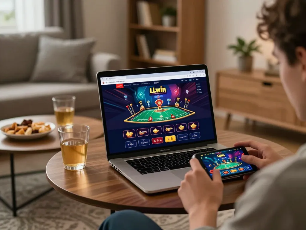 Player enjoying LLwin online gaming experience on laptop with live dealer, cozy home setting.