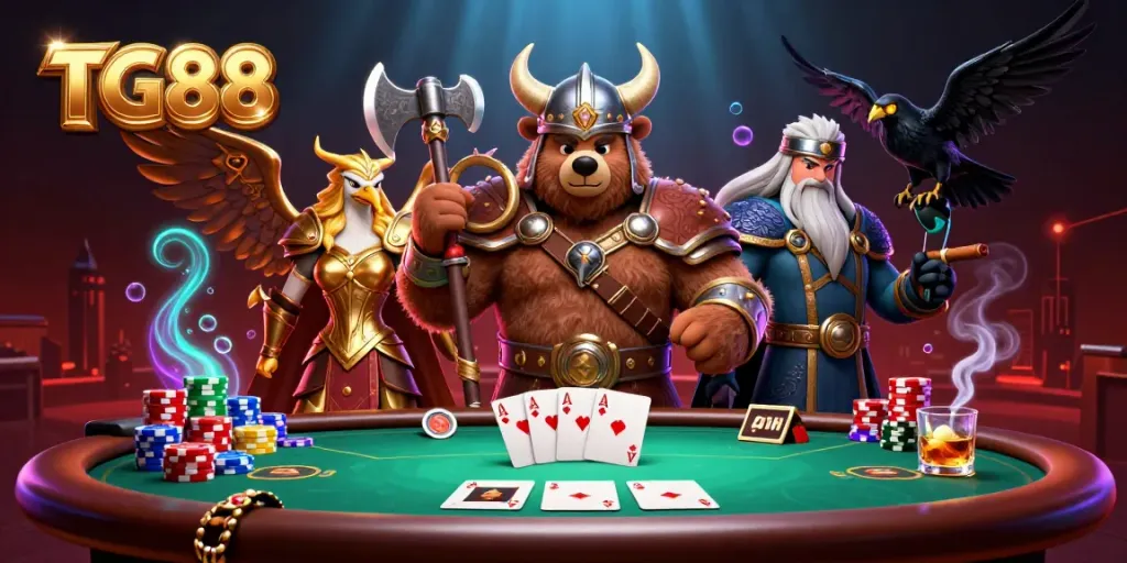 Experience thrilling gaming action at TG88 with vibrant poker elements and dynamic characters.