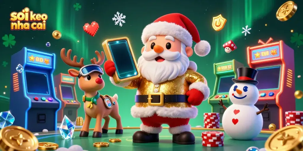 Engage in thrilling soi keo nha cai action with Santa and friends at a vibrant casino scene.