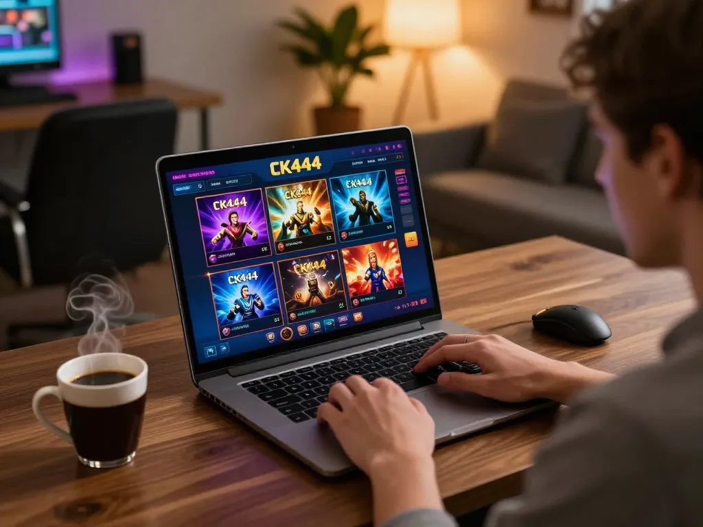CK444 user engaged in online gambling with laptop and coffee in a cozy setting