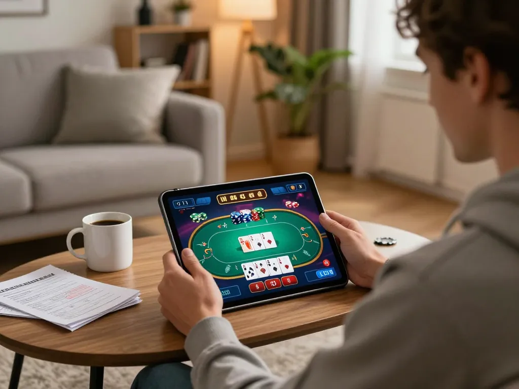 Engaging in online poker gaming with mubet, showing vibrant game interface and cozy atmosphere