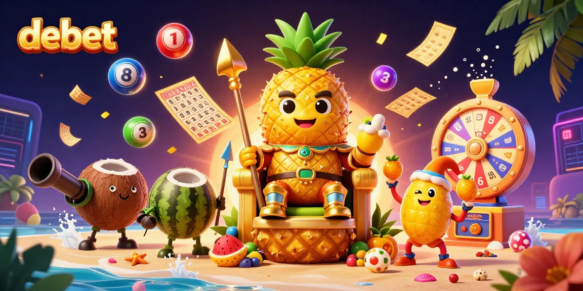 Engage with debet in a lively beach casino scene featuring a golden pineapple king and gambling elements.