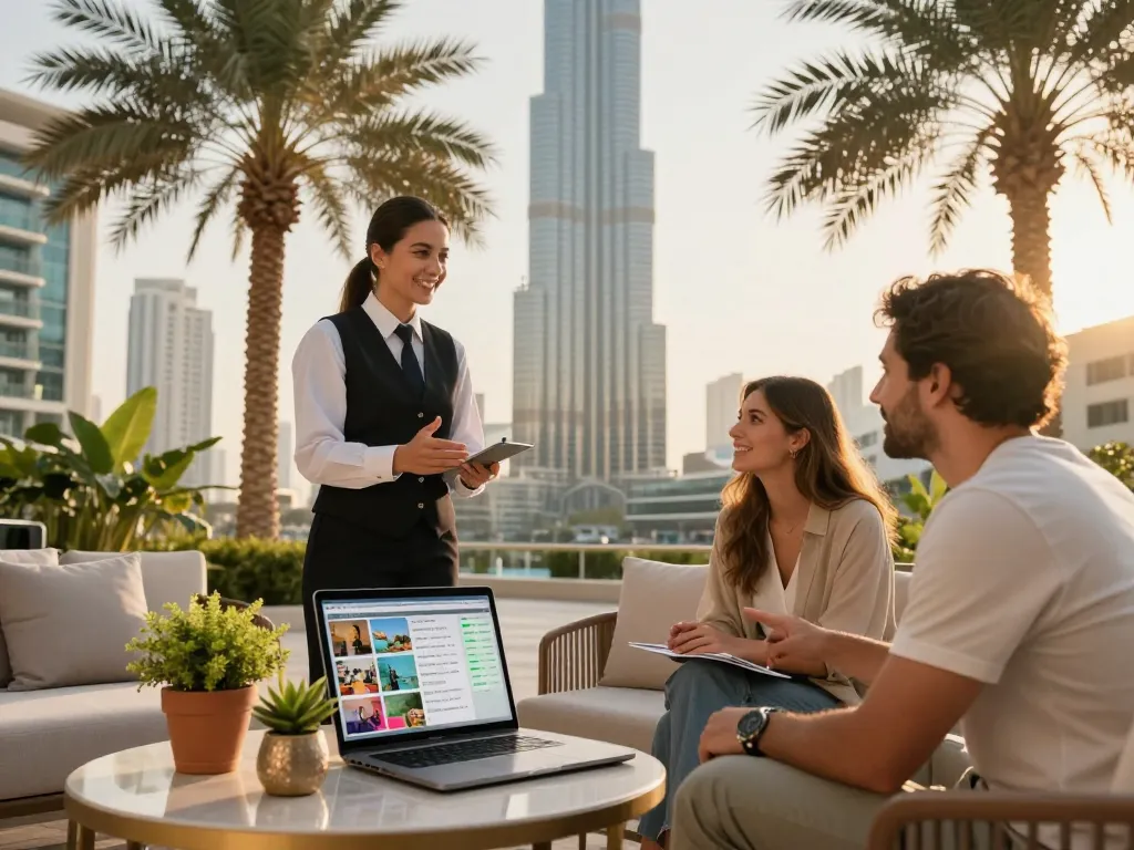 Engaging property manager presenting airbnb management dubai services in front of a luxurious apartment with skyline view.