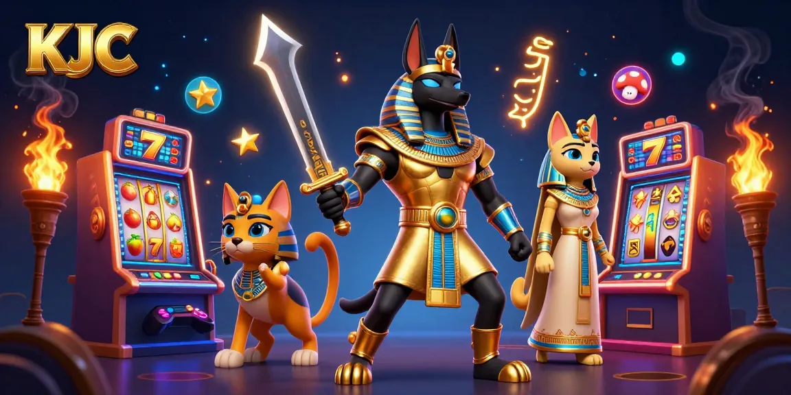KJC gameplay showcasing Anubis and Bastet surrounded by vibrant slot machines and golden elements.