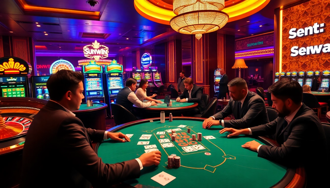 Sunwin players at a luxurious poker table strategizing their next move amidst vibrant casino excitement.