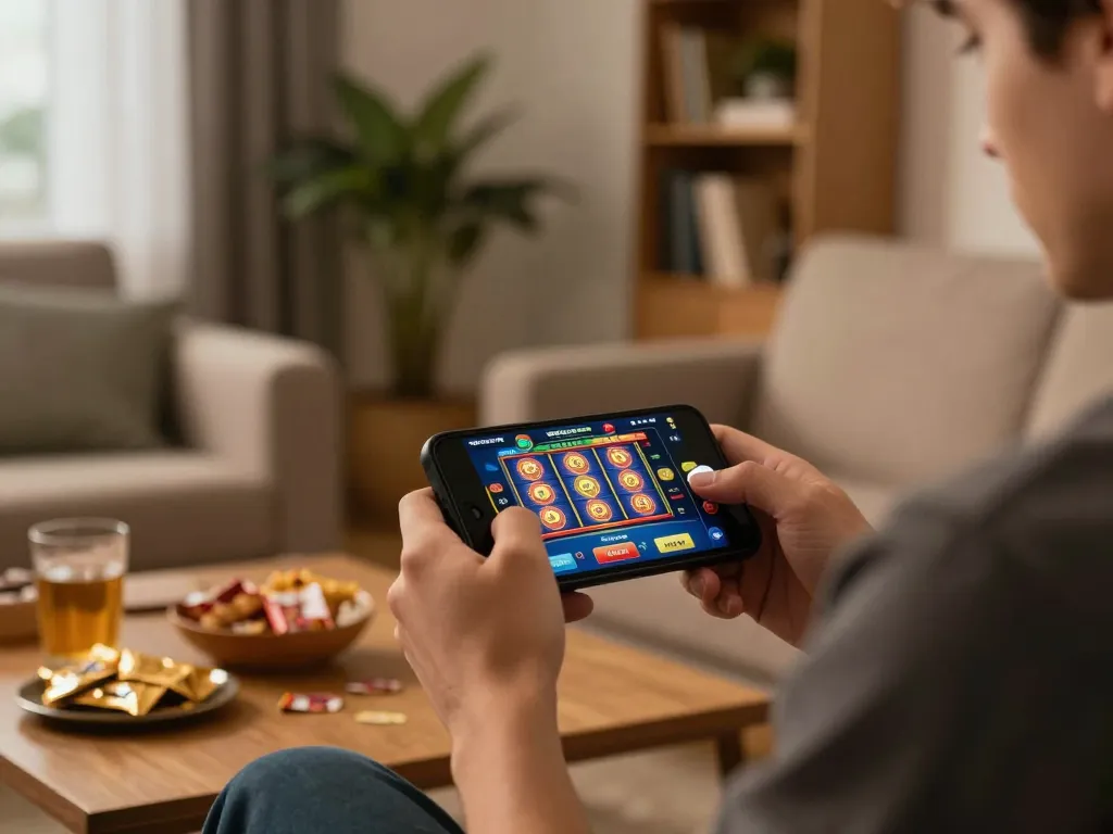Engaging online casino session with smartphone displaying link rr88 and colorful slot game interface