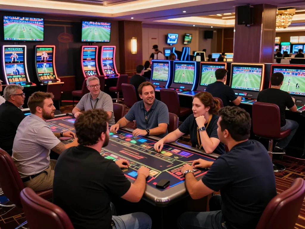 33winn players placing bets in an exhilarating sports betting atmosphere with multiple screens.