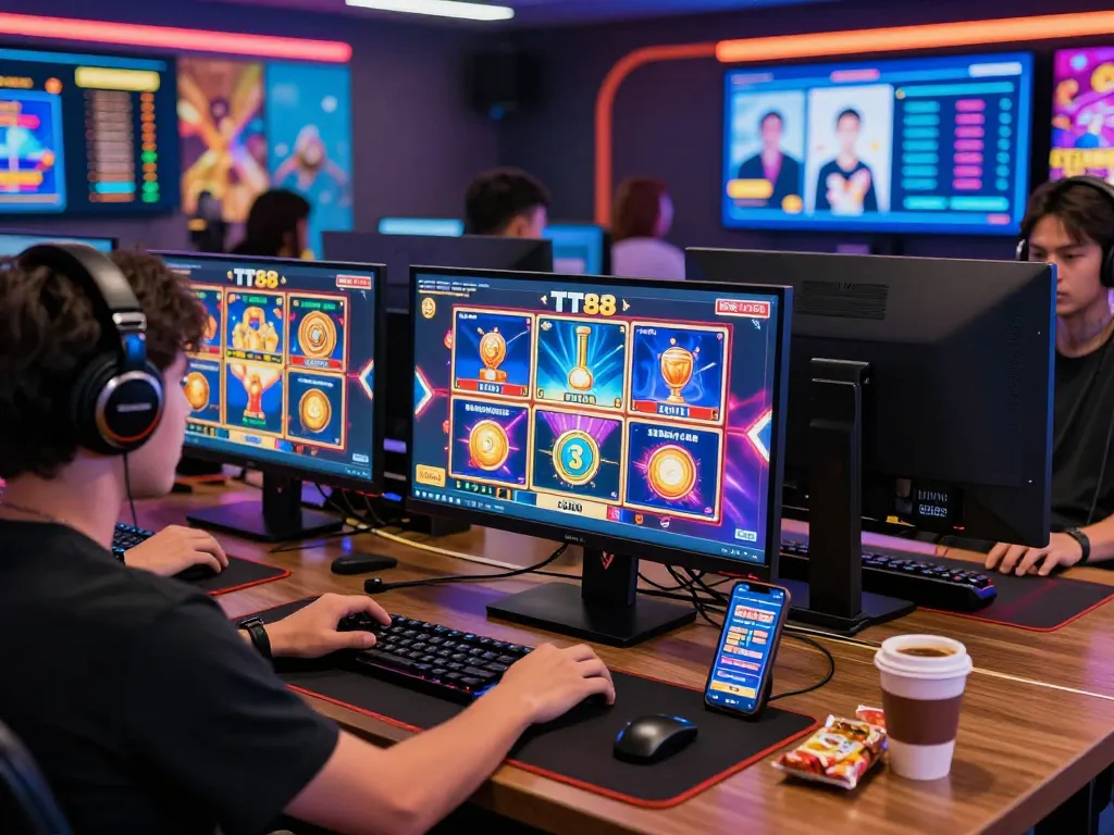 Engaged TT88 player enjoying live online casino games on multiple screens in dynamic gaming setup.