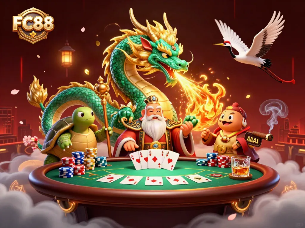 FC88 showcases a vibrant 3D illustration with a jade dragon, turtle sage, and lucky cranes around a thrilling poker table.