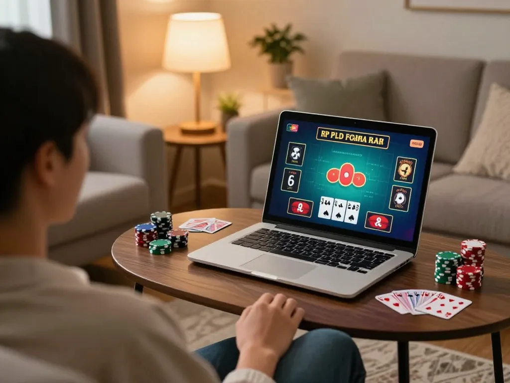 Engaged player enjoying tr88 online slots in a cozy home environment with ambient light.