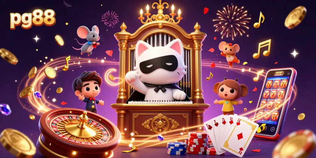 Experience thrilling gameplay at pg88 with a whimsical casino scene featuring spinning reels and golden coins.