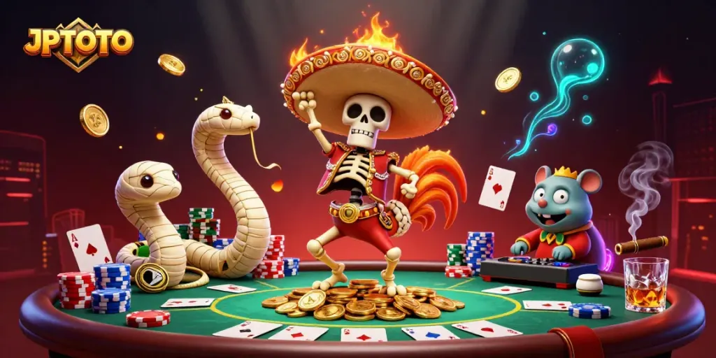 Experience thrilling poker moments with JPTOTO's vibrant 3D casino illustration showcasing winning characters.