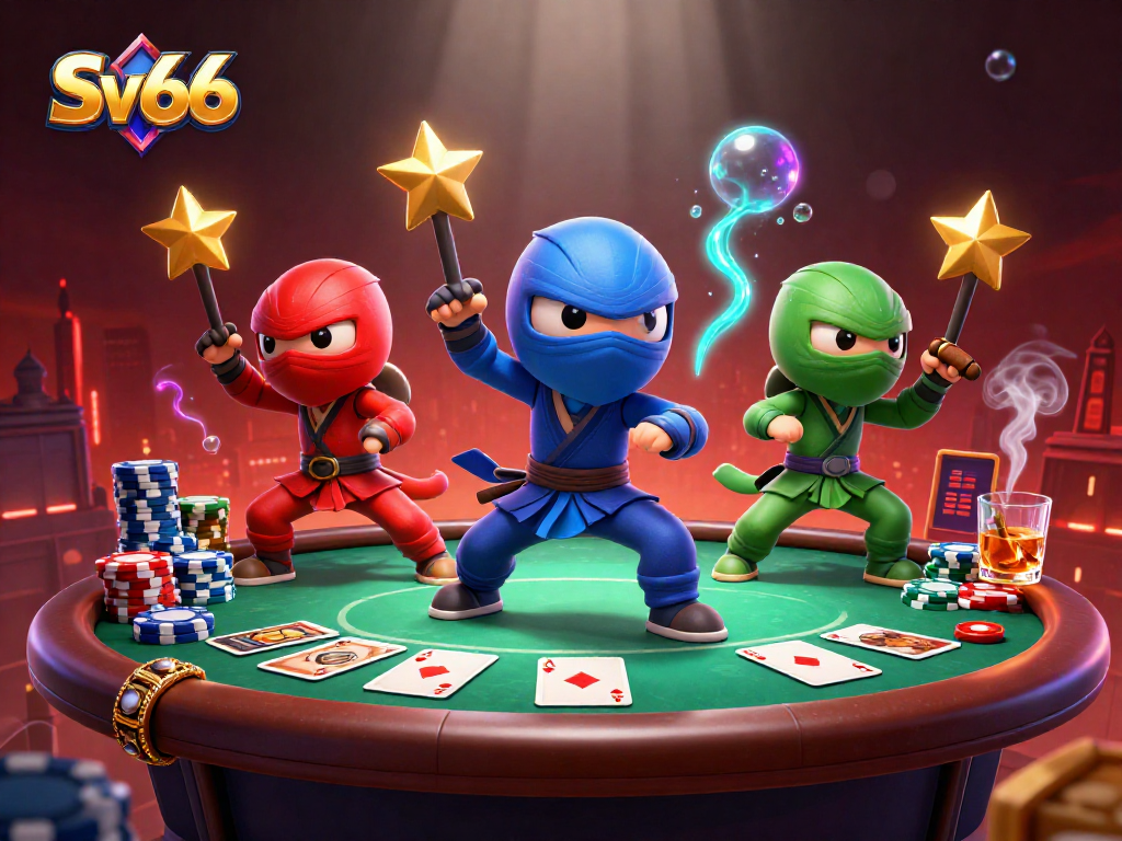 Experience thrilling poker action with Sv66's ninja chameleon trio amidst dynamic gaming elements.