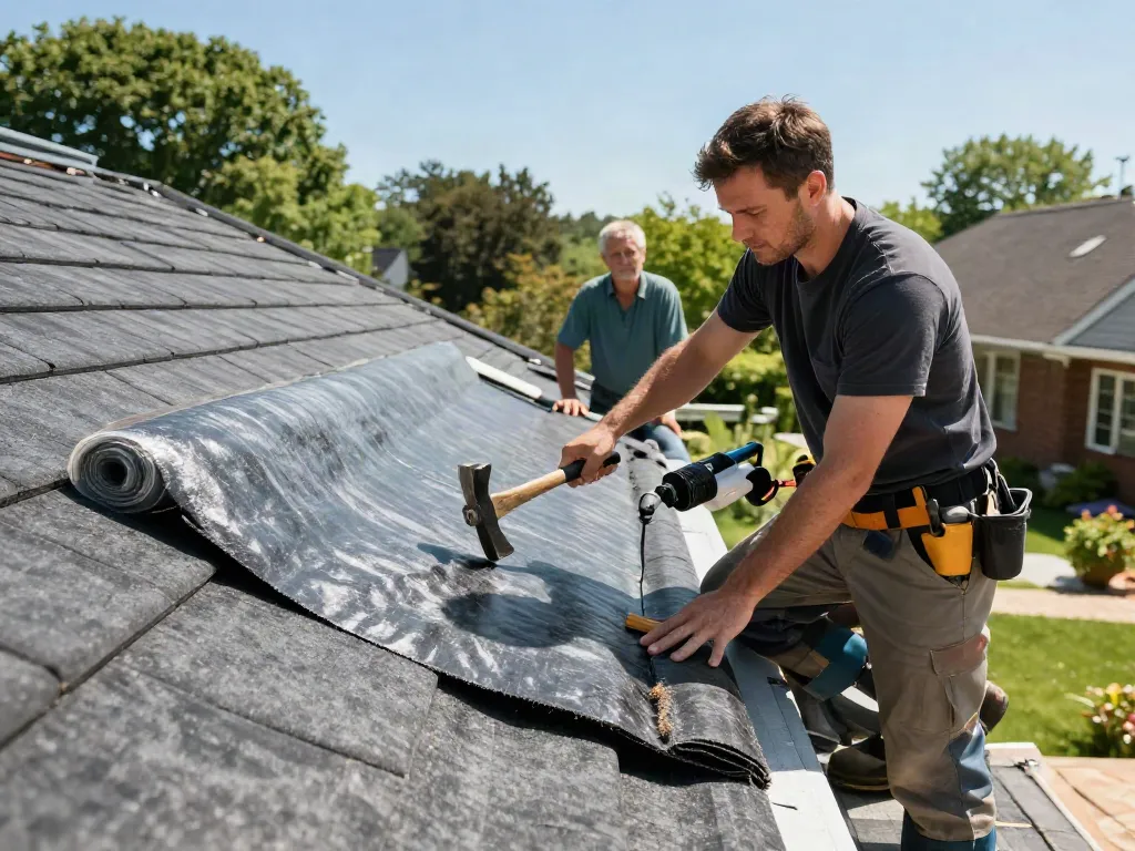 Expert roofer installing felt roof on a residential home, showcasing quality roofing materials and tools while ensuring homeowner satisfaction.
