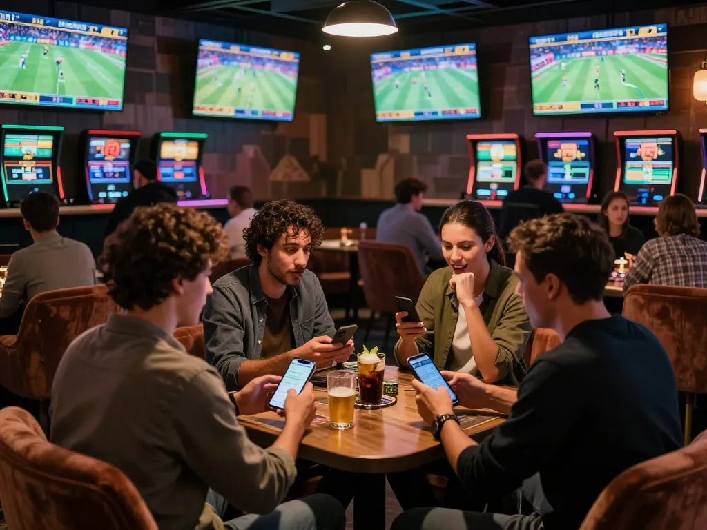 Fans engaging in thrilling sports betting at the RR88 lounge, analyzing odds with excitement.