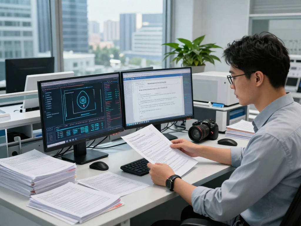 Cybersecurity analyst conducting document fraud detection analysis in a high-tech lab.