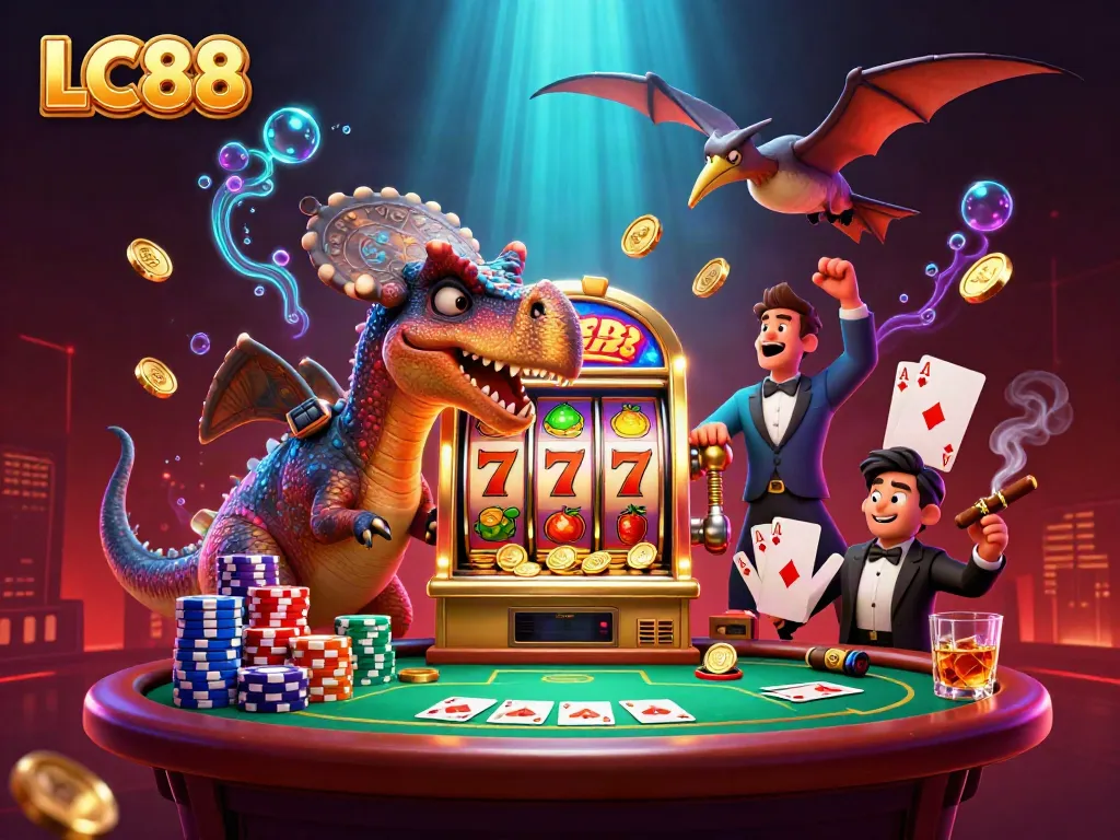 LC88 slot machine jackpot scene with cartoon dinosaurs and vibrant casino elements