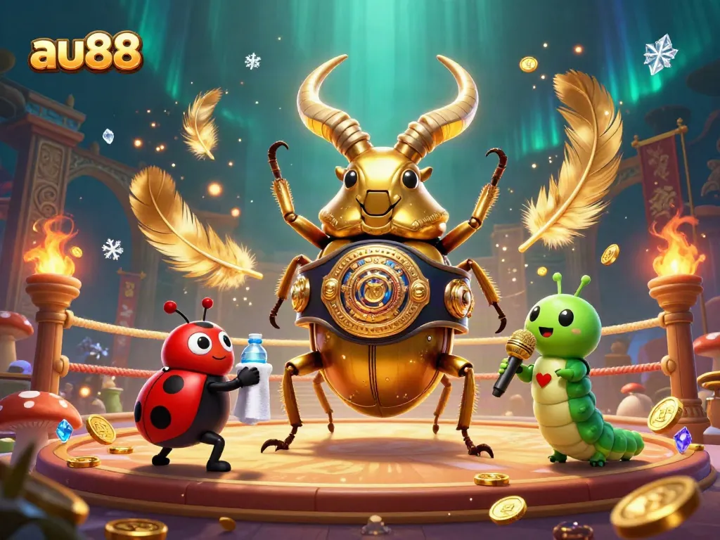 Betting excitement at au88 with a golden stag beetle champion, ladybug corner-man, and caterpillar announcer