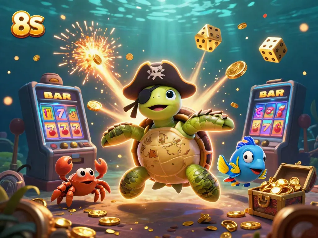 Engage with 8S Casino's vibrant underwater scene featuring a cartoon pirate turtle and treasure.