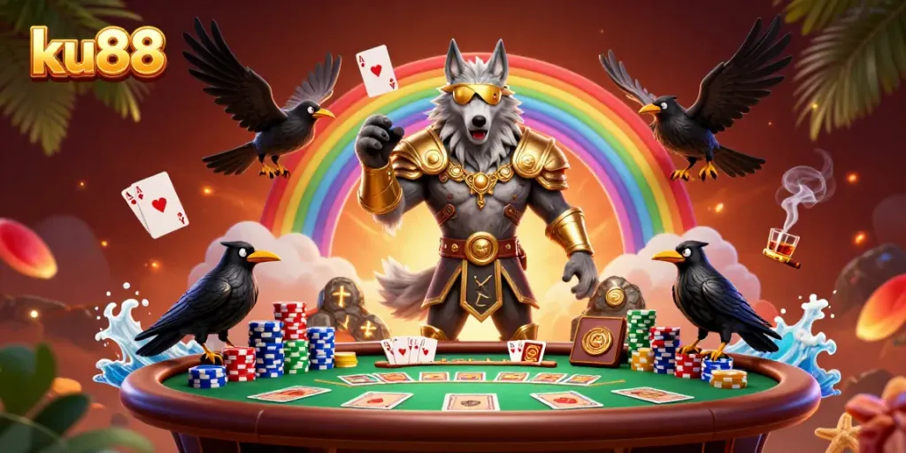 Experience excitement at ku88 with Odin and ravens in a vibrant casino scene.