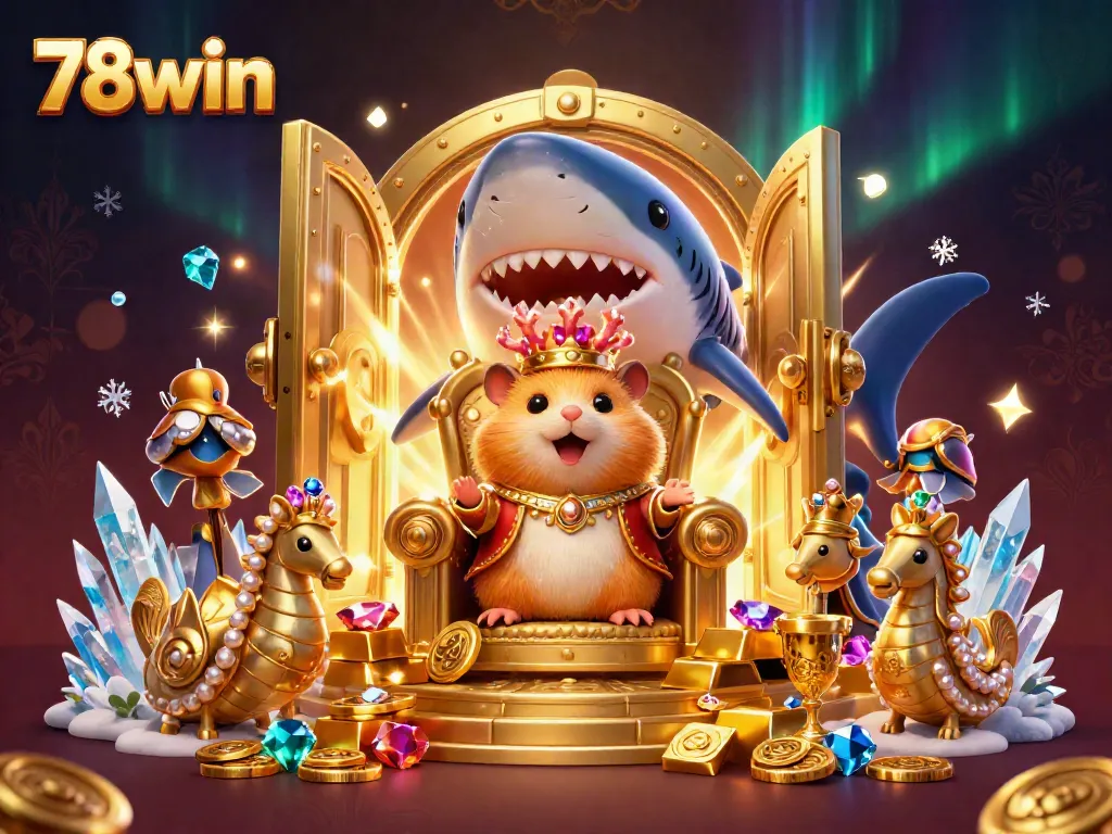 Experience the thrill of 78win's casino world with a golden hamster king and treasures galore.