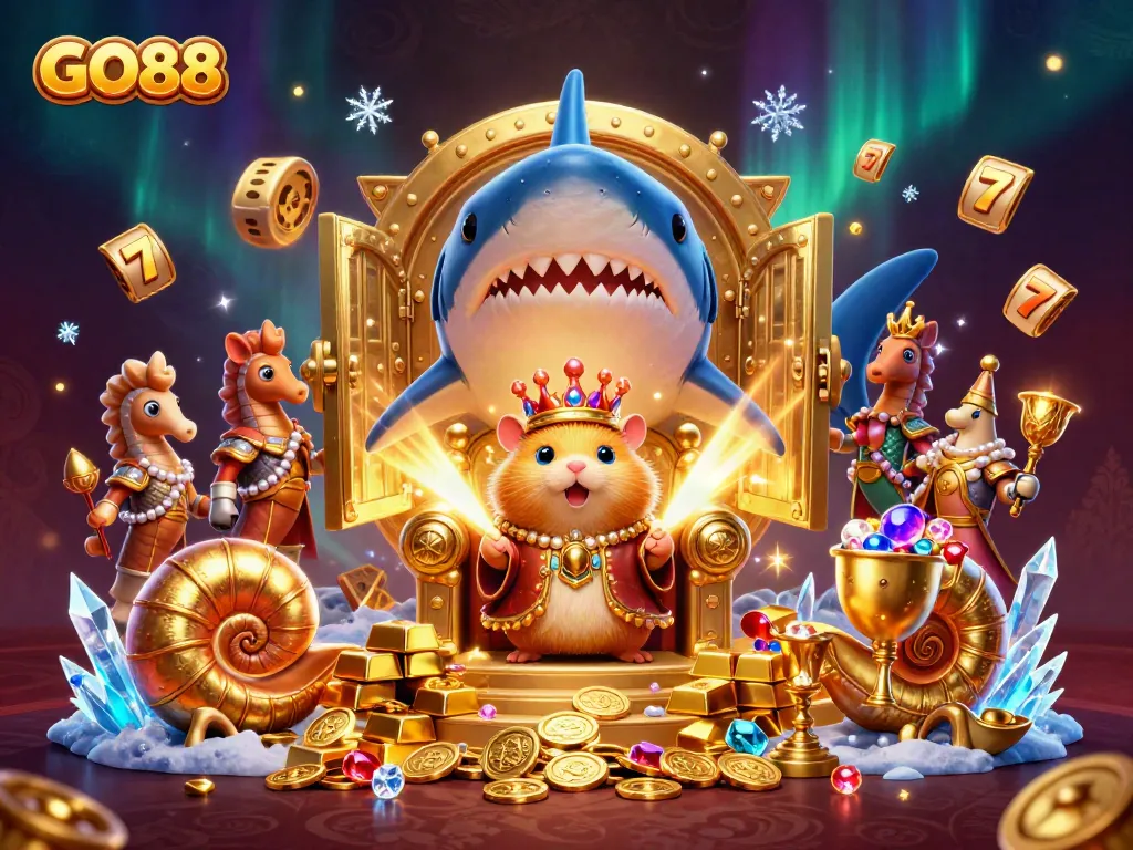 Spin to win at GO88 with a vibrant 3D illustration of a golden hamster king, slot reels, and treasure.