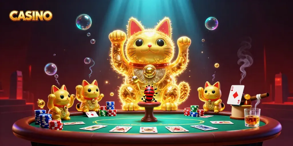Enjoy the excitement of a vibrant casino scene with a glowing lucky cat, poker elements, and rich colors.