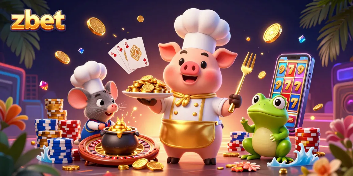 Experience zbet with a vibrant 3D scene showcasing a chef pig, mouse, and frog at a casino.