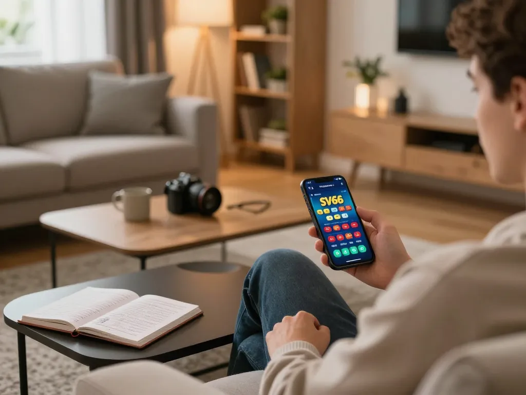 Engaging in mobile gaming with the SV66 app, showcasing a modern home setting and strategic approach.