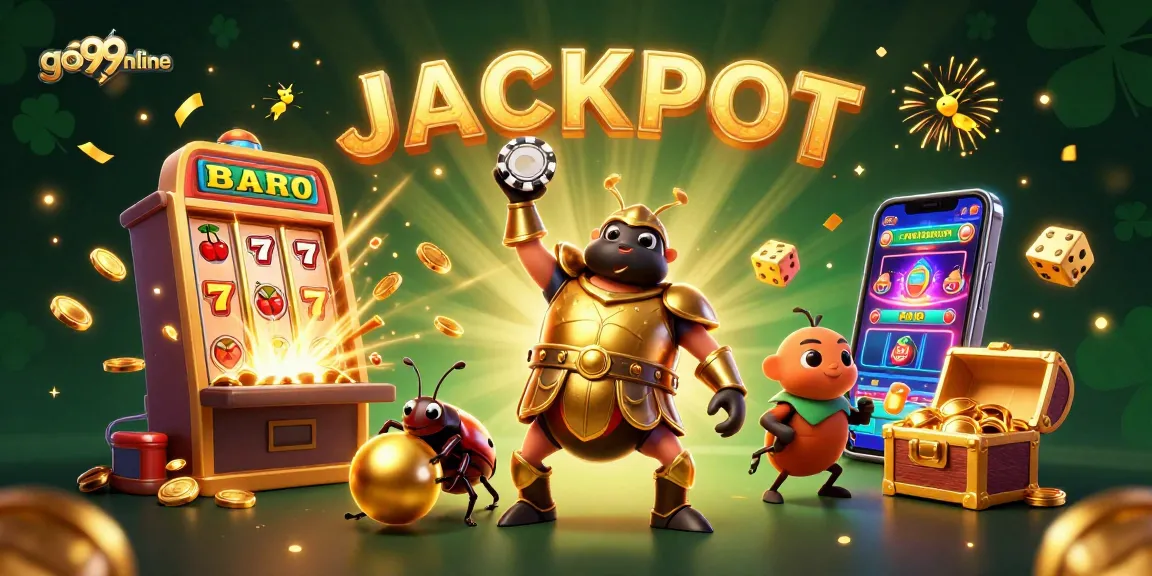Engage in gaming excitement with go99online's dynamic 3D scene featuring a jackpot celebration.